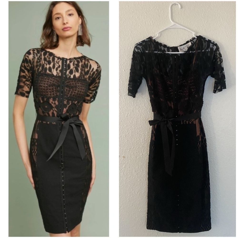 Anthropologie The Byron Lars Black Lace Carissima Sheath Cocktail Midi Dress